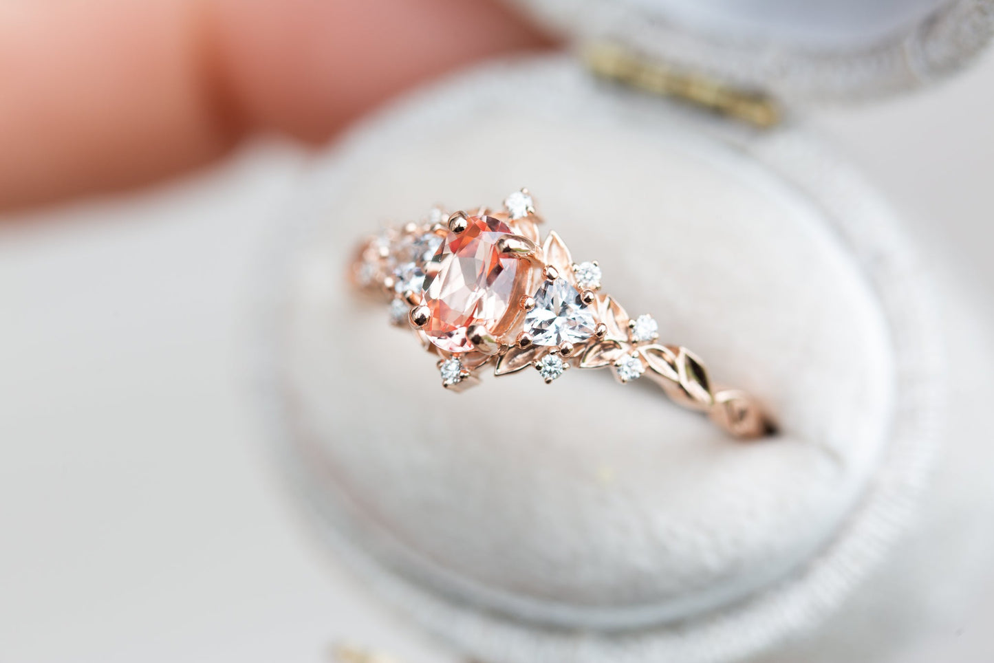 [Oramore Jewelry]Briar rose three stone with oval lab peach sapphire (fairy queen ring)