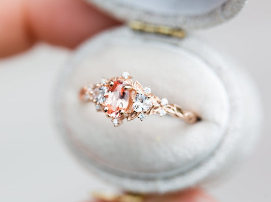 [Oramore Jewelry]Briar rose three stone with oval lab peach sapphire (fairy queen ring)