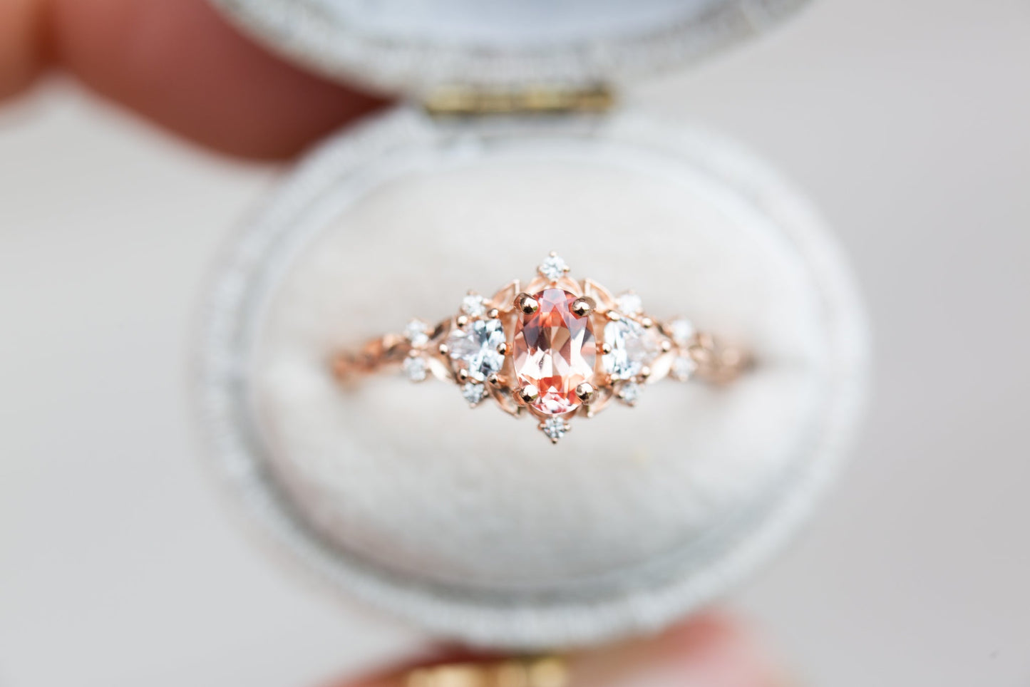[Oramore Jewelry]Briar rose three stone with oval lab peach sapphire (fairy queen ring)