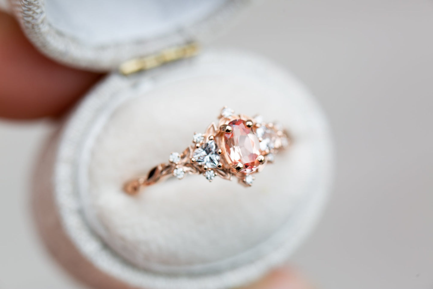 [Oramore Jewelry]Briar rose three stone with oval lab peach sapphire (fairy queen ring)