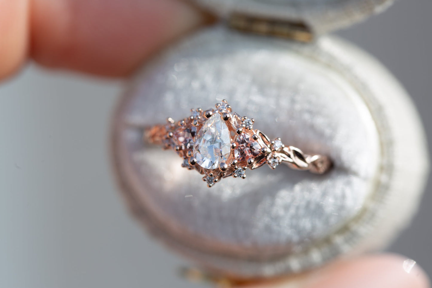 [Oramore Jewelry]Briar rose three stone with pear moissanite and peach sapphire side stones