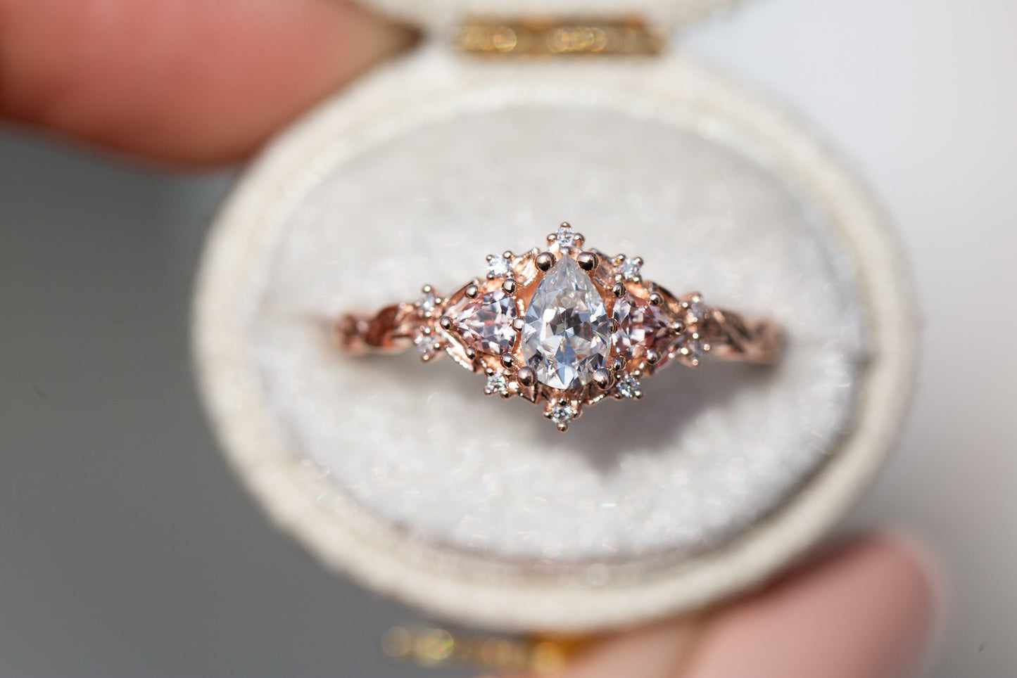 [Oramore Jewelry]Briar rose three stone with pear moissanite and peach sapphire side stones