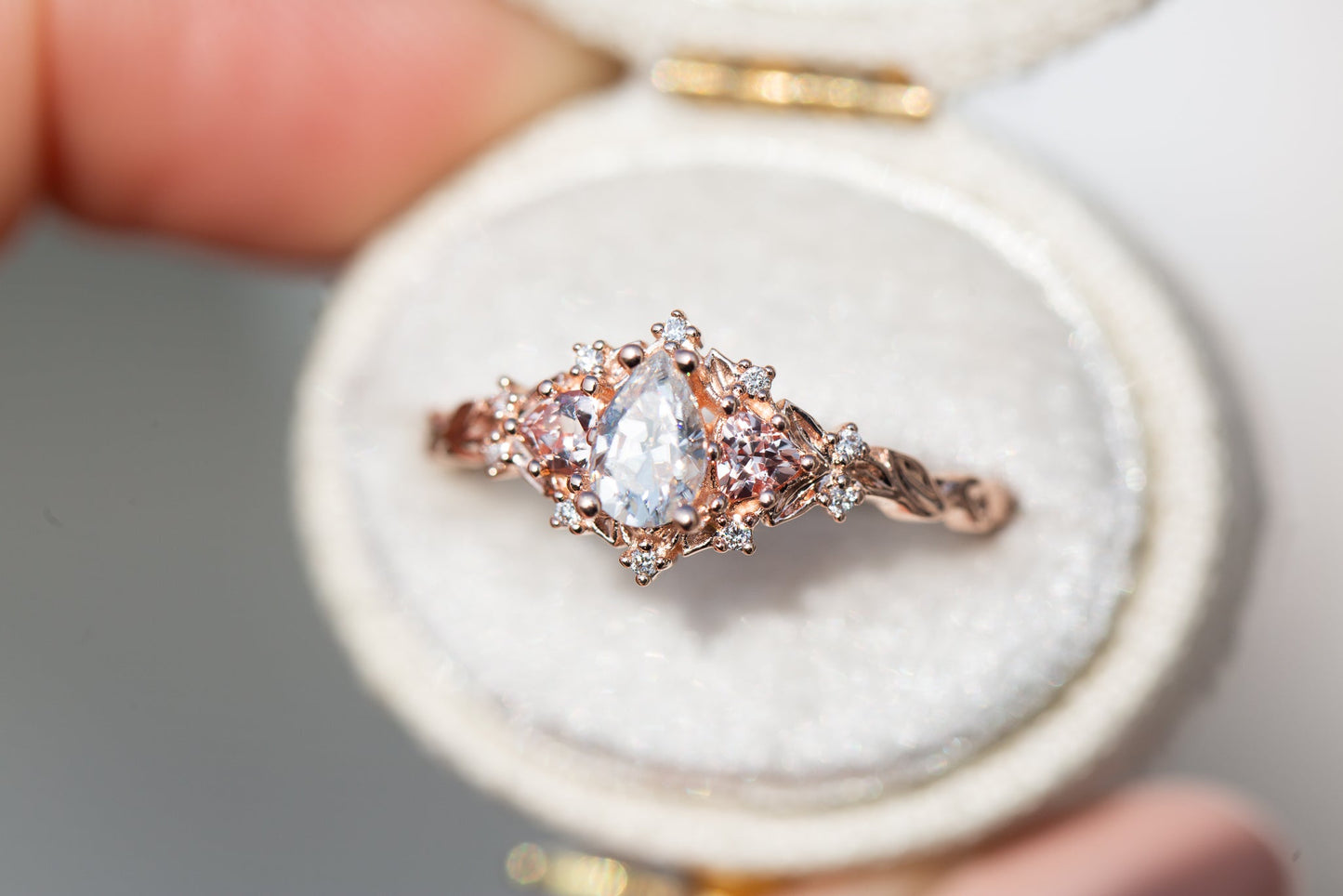 [Oramore Jewelry]Briar rose three stone with pear moissanite and peach sapphire side stones