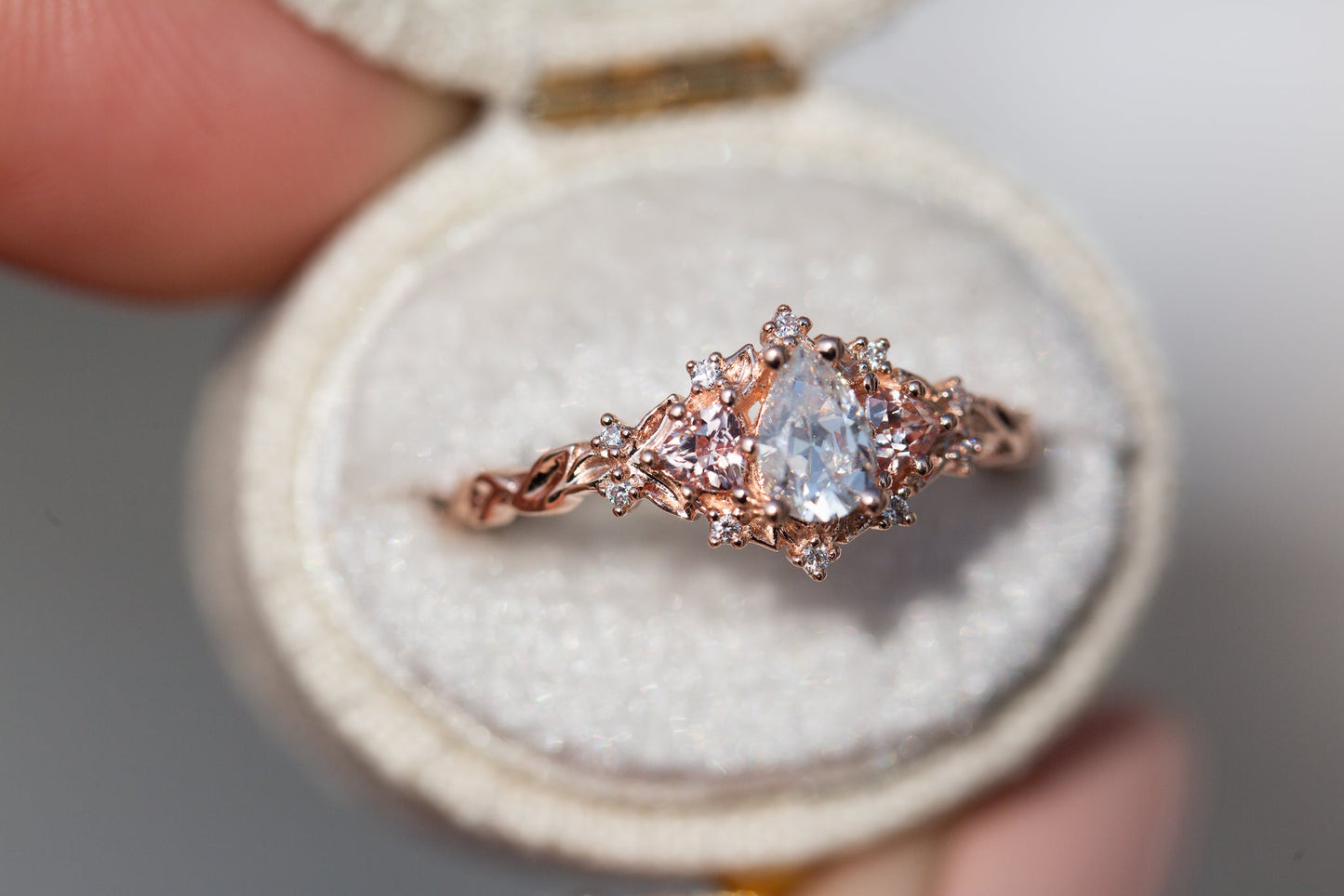 [Oramore Jewelry]Briar rose three stone with pear moissanite and peach sapphire side stones