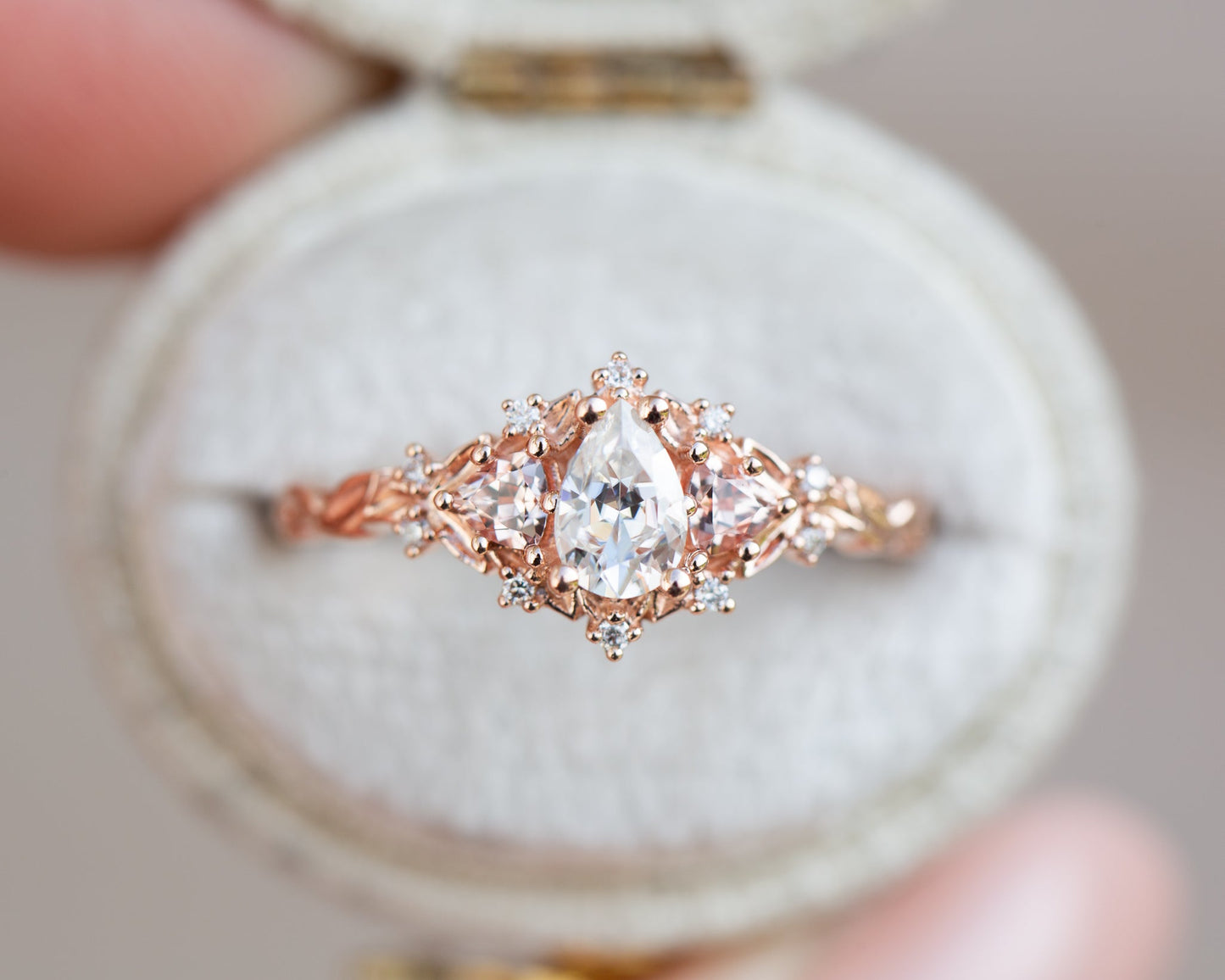 [Oramore Jewelry]Briar rose three stone with pear moissanite and peach sapphire side stones
