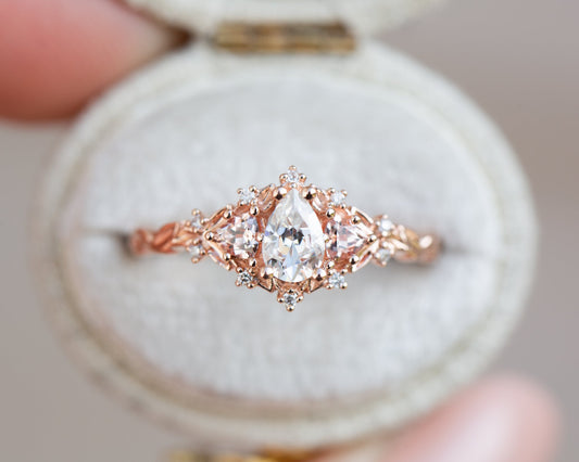 [Oramore Jewelry]Briar rose three stone with pear moissanite and peach sapphire side stones