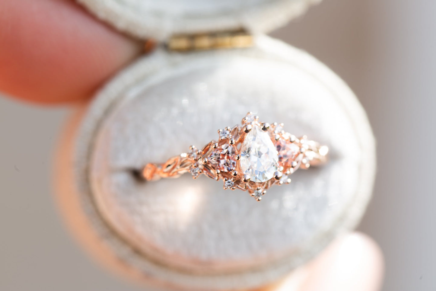 [Oramore Jewelry]Briar rose three stone with pear moissanite and peach sapphire side stones