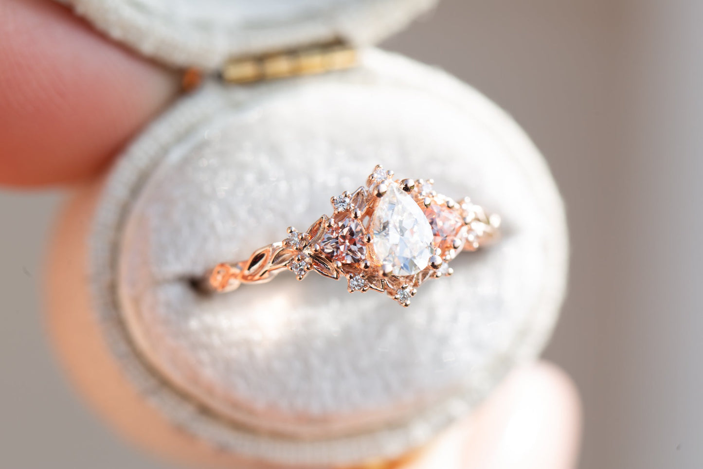 [Oramore Jewelry]Briar rose three stone with pear moissanite and peach sapphire side stones