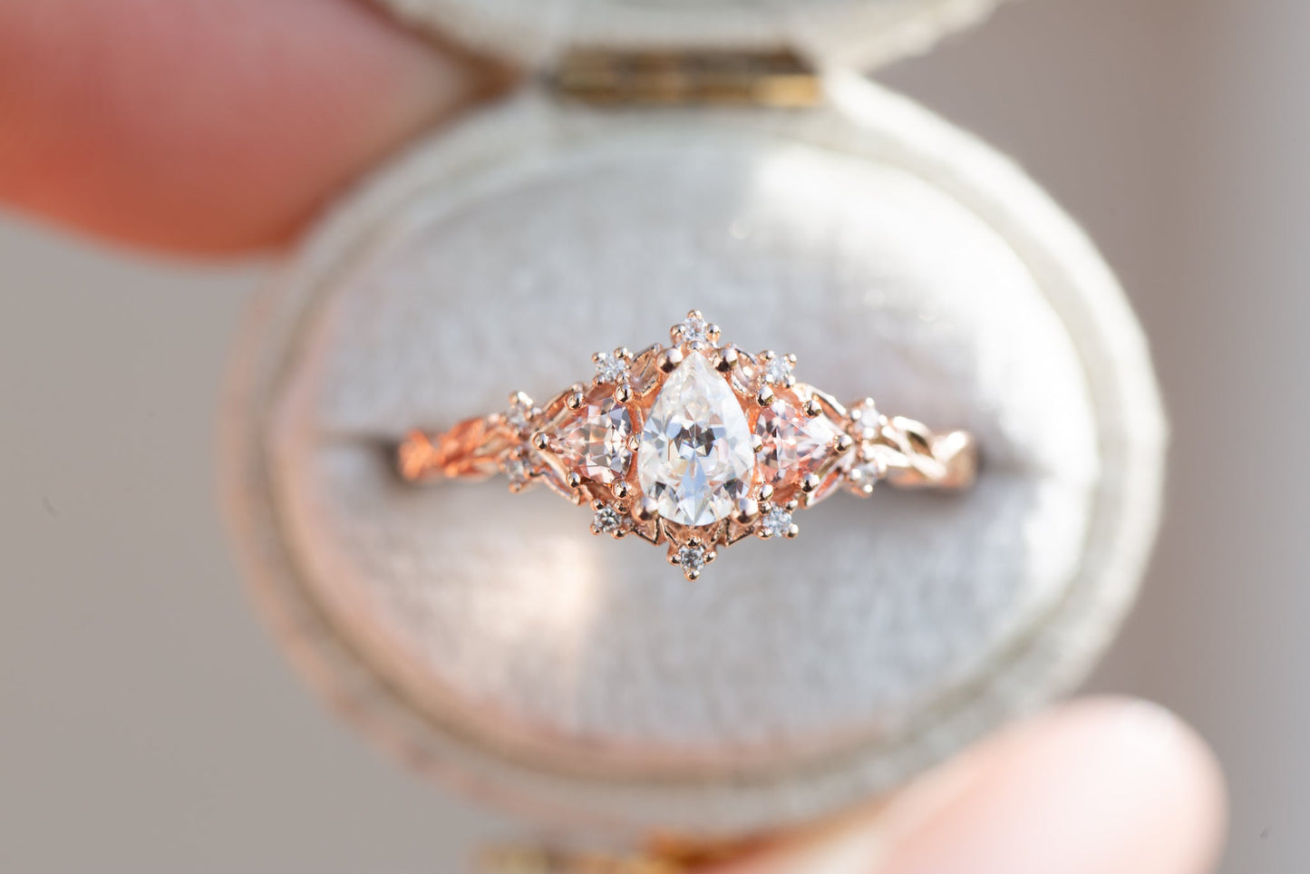 [Oramore Jewelry]Briar rose three stone with pear moissanite and peach sapphire side stones