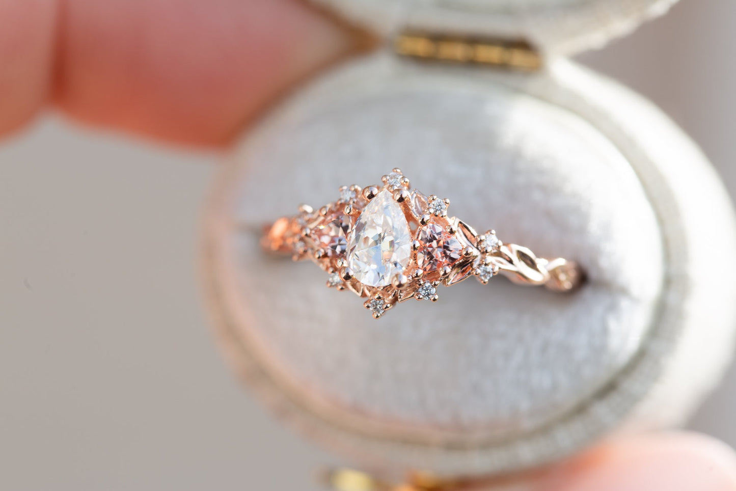 [Oramore Jewelry]Briar rose three stone with pear moissanite and peach sapphire side stones