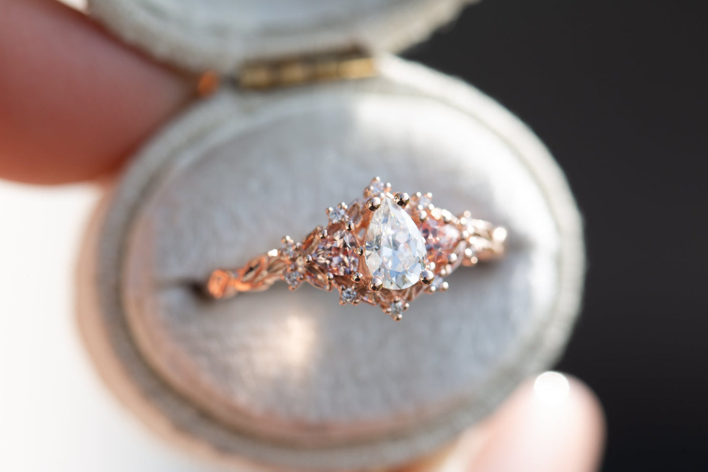 [Oramore Jewelry]Briar rose three stone with pear moissanite and peach sapphire side stones