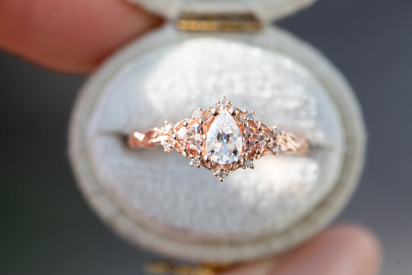[Oramore Jewelry]Briar rose three stone with pear moissanite and peach sapphire side stones