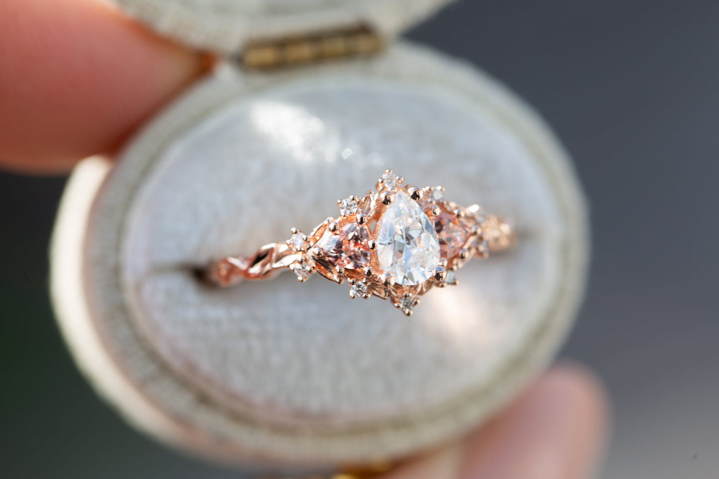 [Oramore Jewelry]Briar rose three stone with pear moissanite and peach sapphire side stones