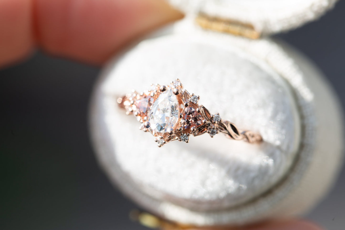 [Oramore Jewelry]Briar rose three stone with pear moissanite and peach sapphire side stones