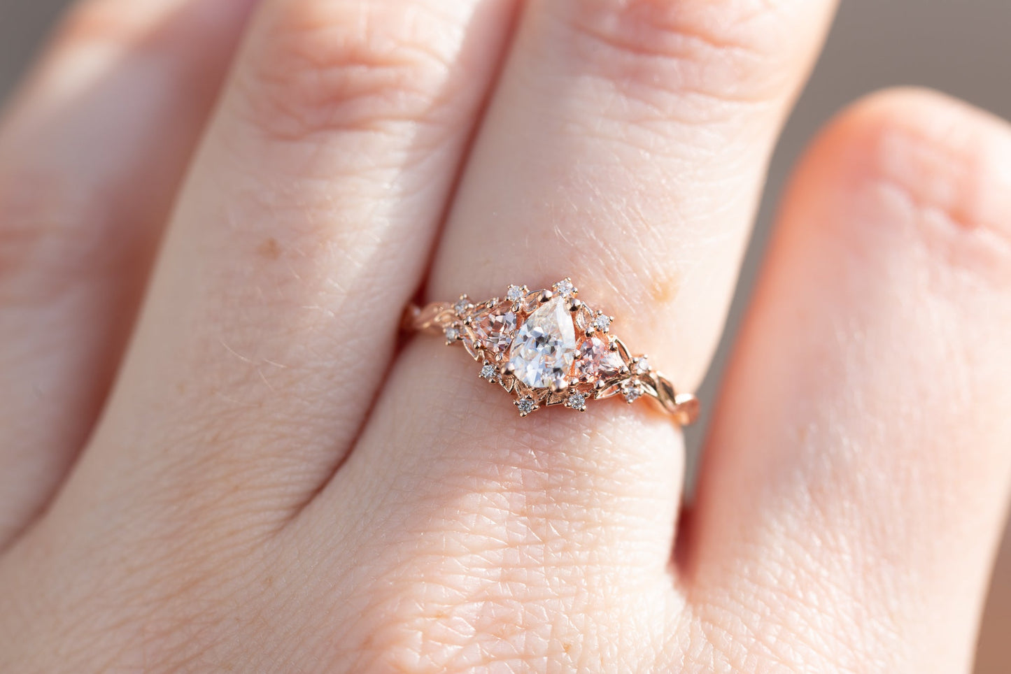 [Oramore Jewelry]Briar rose three stone with pear moissanite and peach sapphire side stones