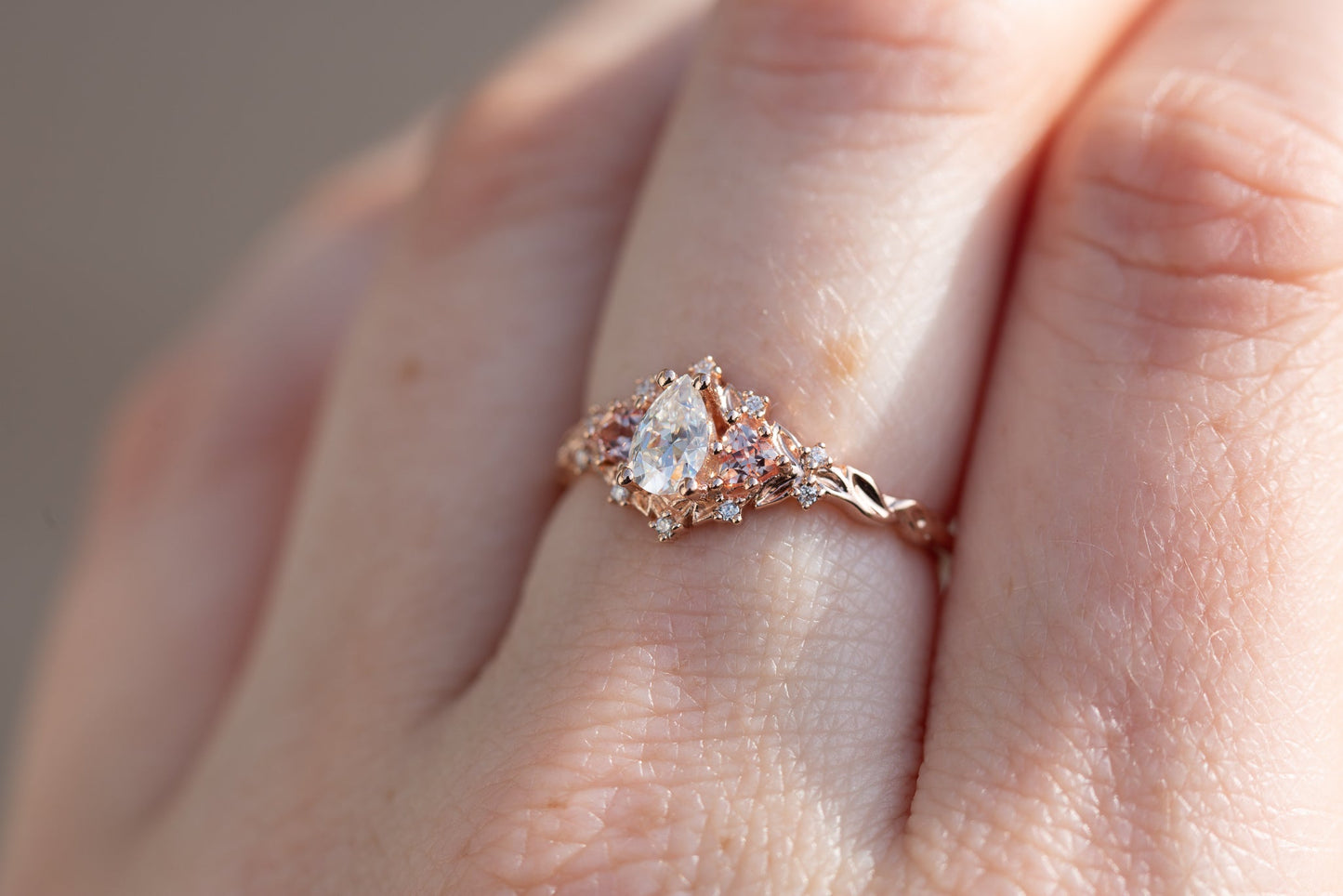 [Oramore Jewelry]Briar rose three stone with pear moissanite and peach sapphire side stones