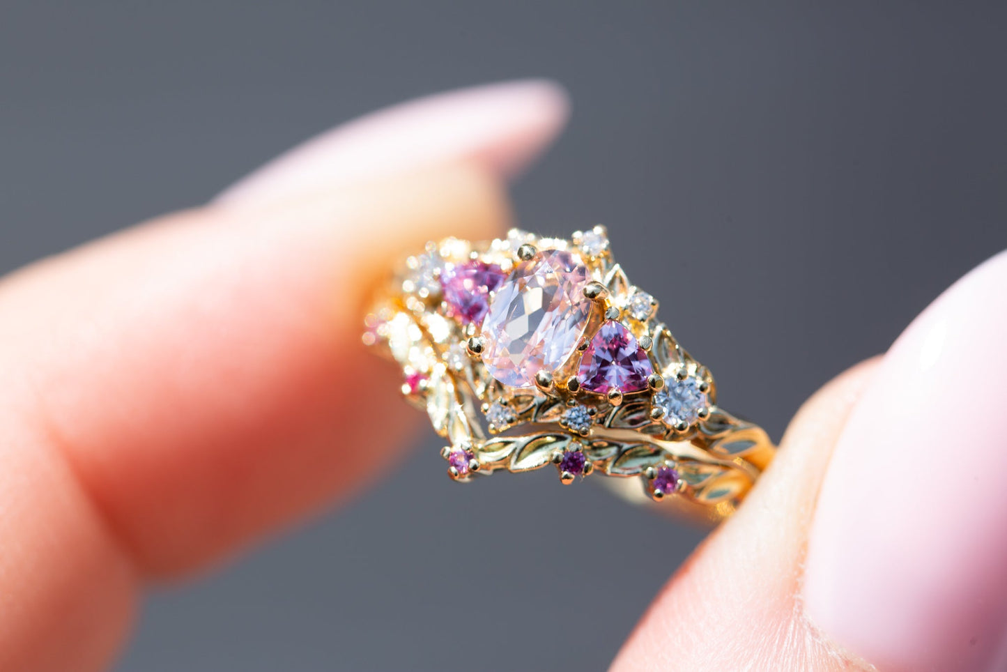 [Oramore Jewelry]Briar rose five stone setting with lab pink sapphire