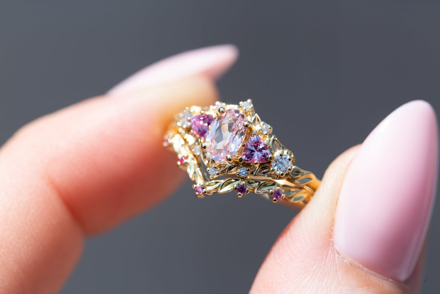 [Oramore Jewelry]Briar rose five stone setting with lab pink sapphire