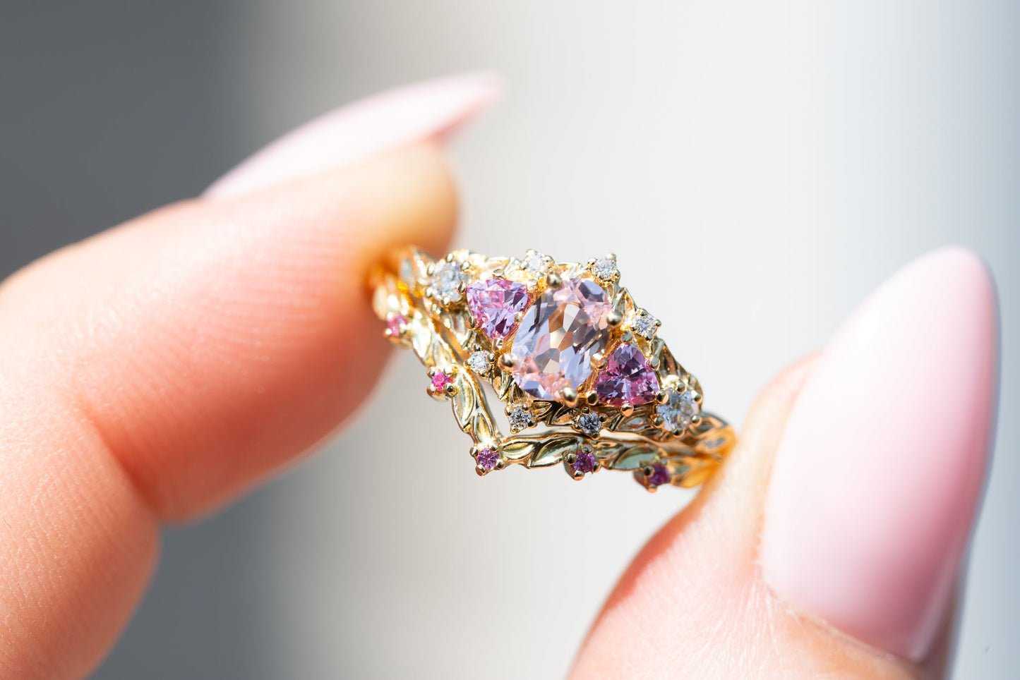 [Oramore Jewelry]Briar rose five stone setting with lab pink sapphire