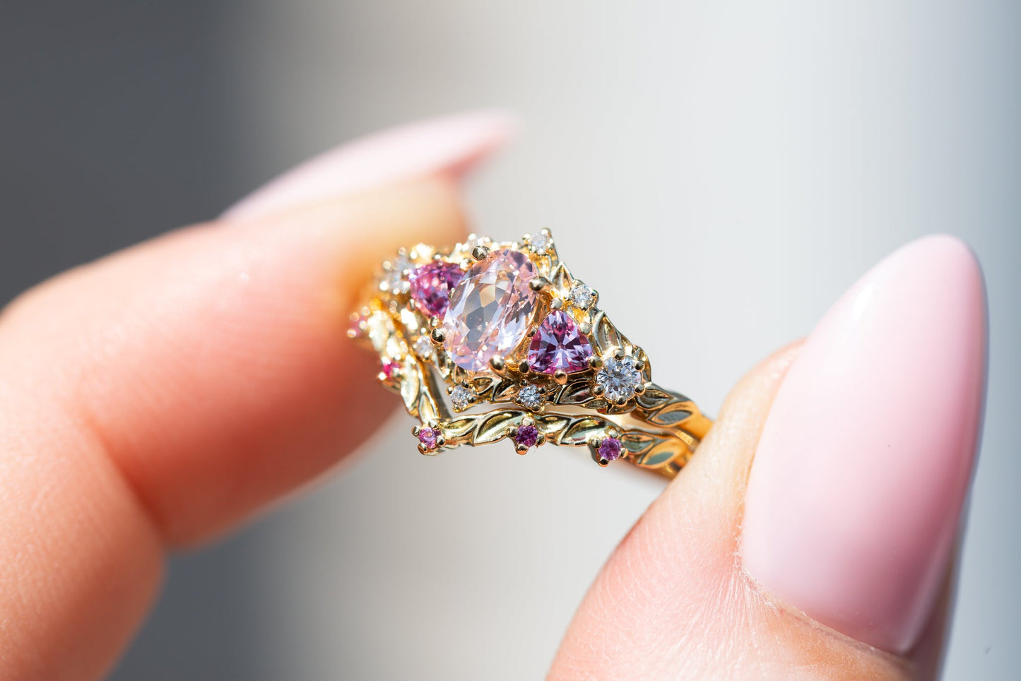 [Oramore Jewelry]Briar rose five stone setting with lab pink sapphire