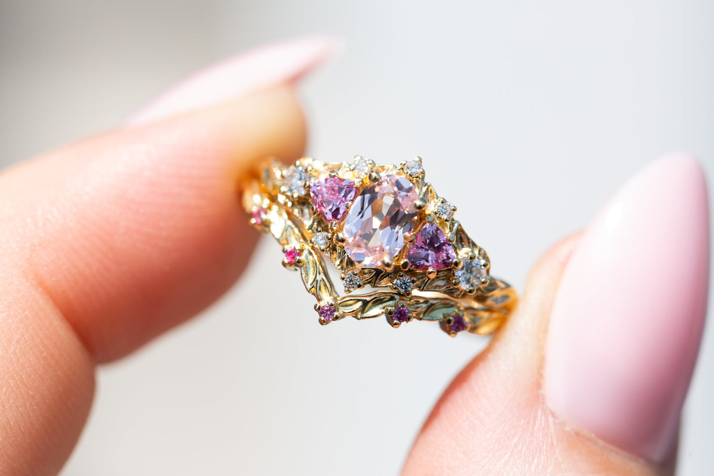 [Oramore Jewelry]Briar rose five stone setting with lab pink sapphire