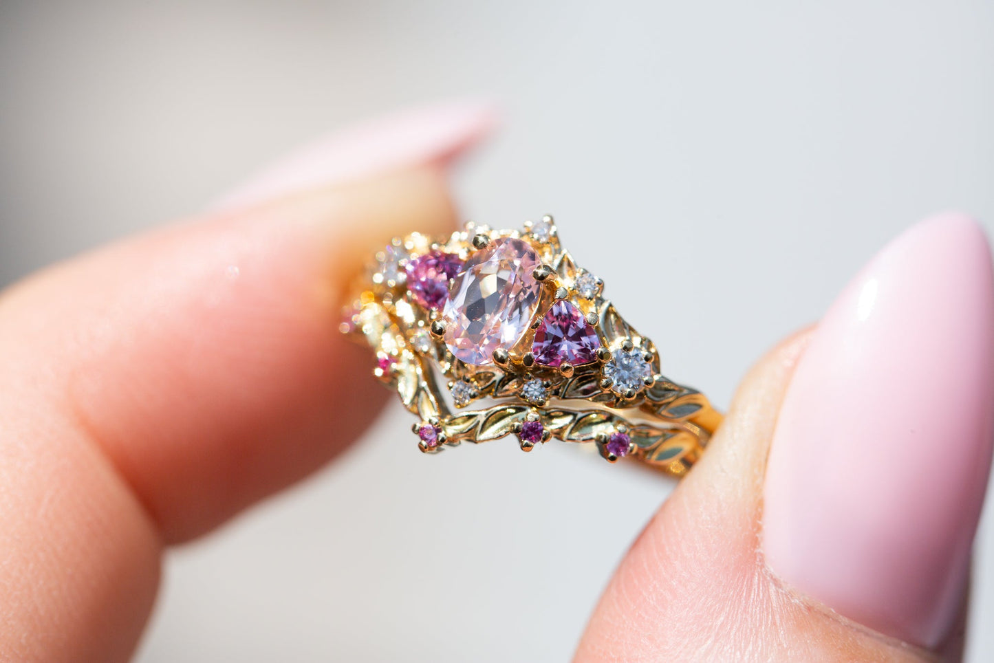[Oramore Jewelry]Briar rose five stone setting with lab pink sapphire