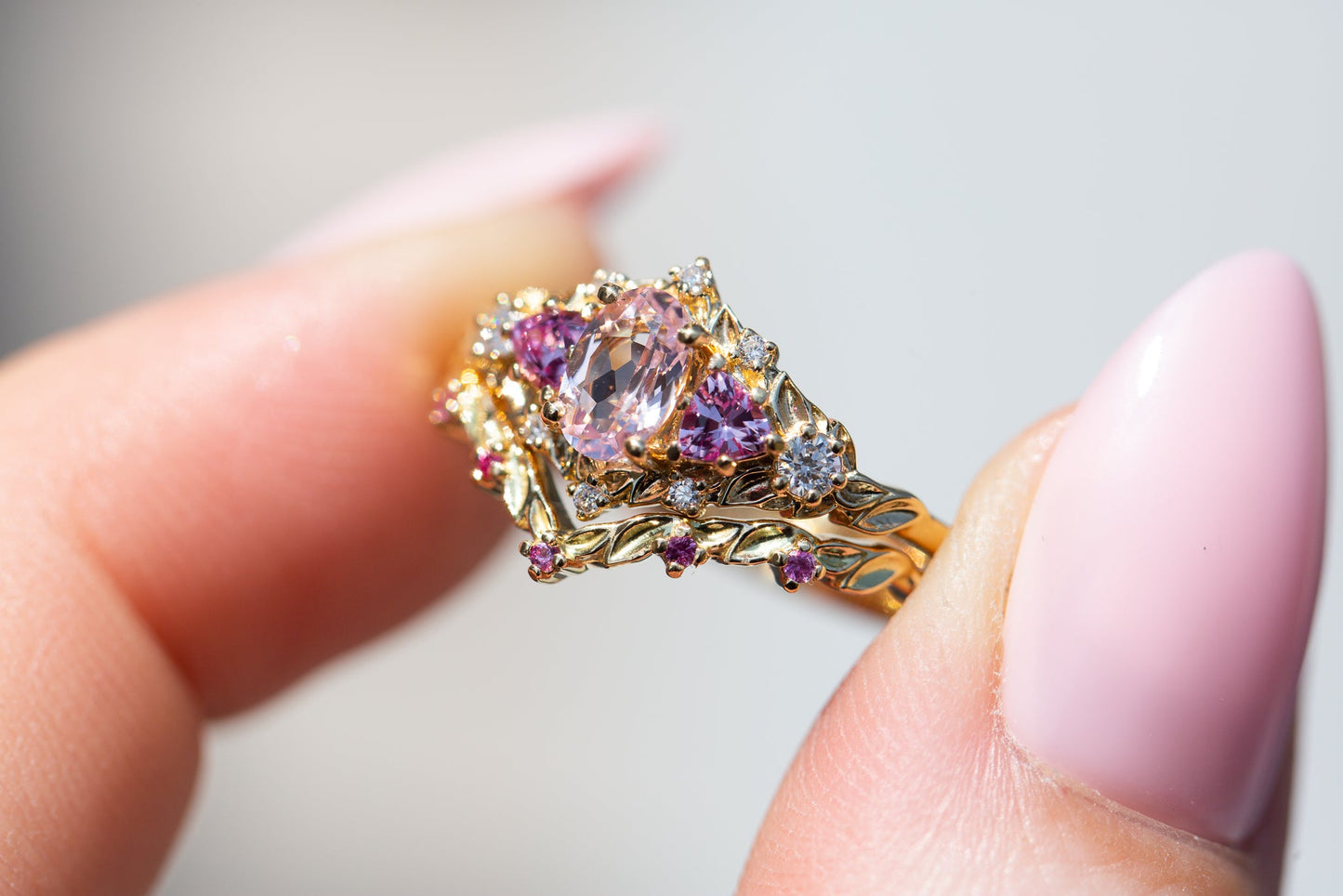 [Oramore Jewelry]Briar rose five stone setting with lab pink sapphire