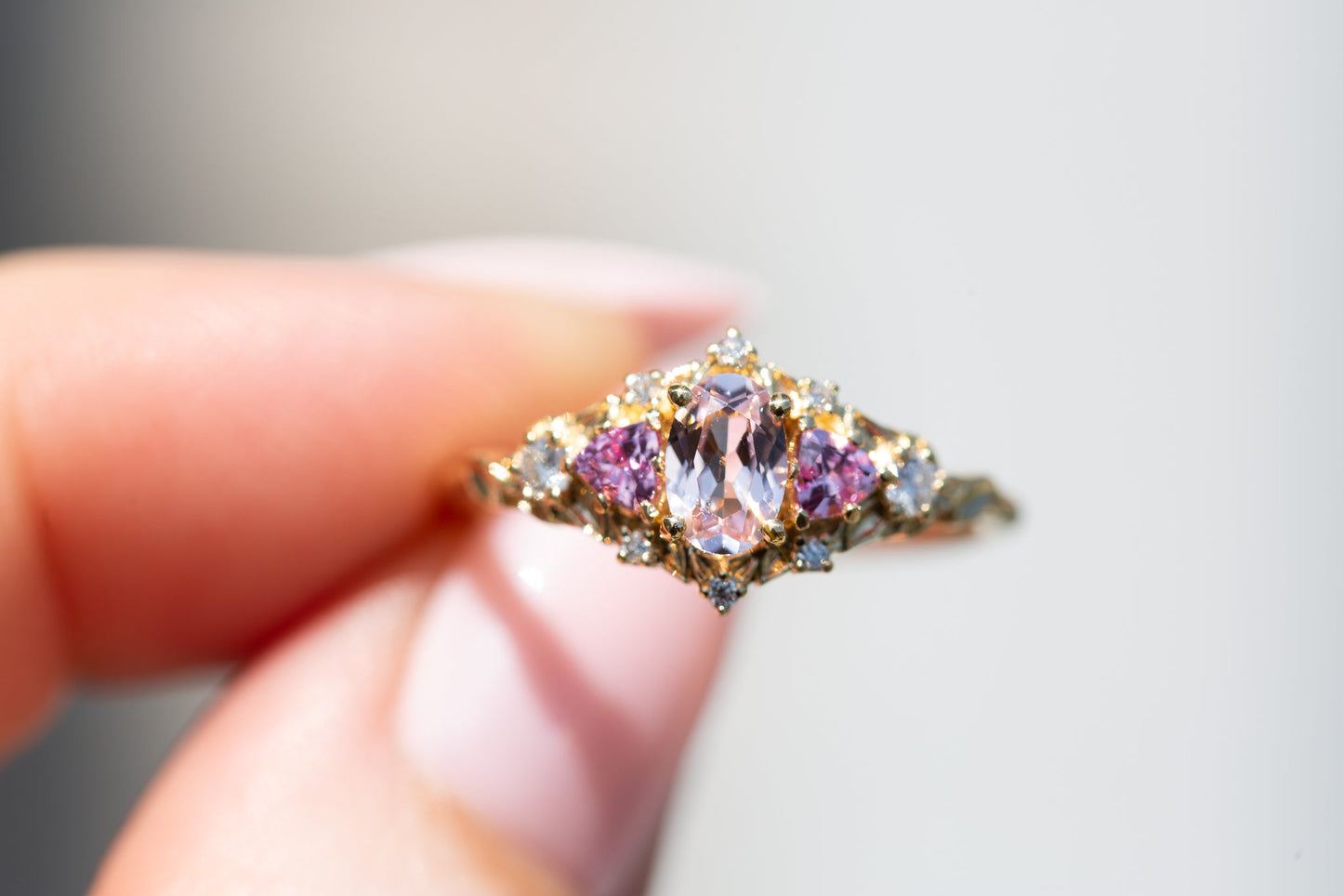 [Oramore Jewelry]Briar rose five stone setting with lab pink sapphire
