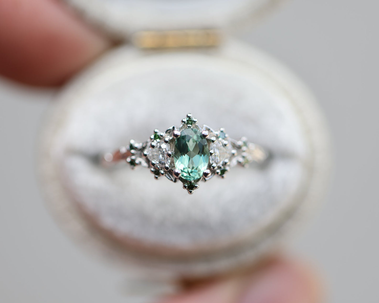 [Oramore Jewelry]Briar rose three stone with oval lab green sapphire and green diamond accents