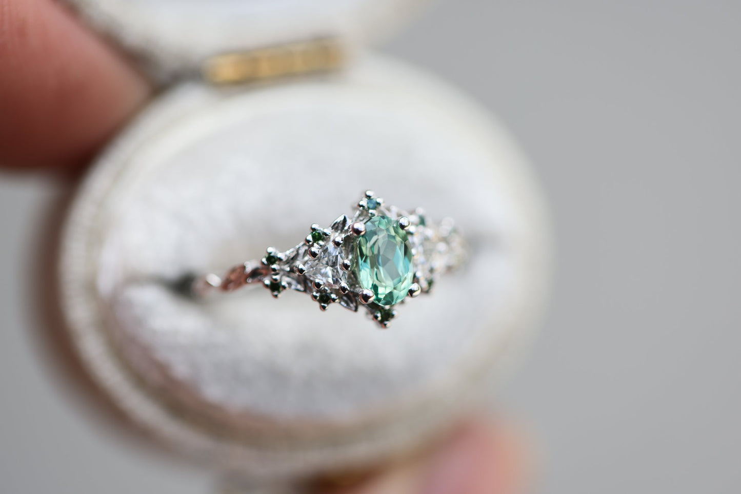 [Oramore Jewelry]Briar rose three stone with oval lab green sapphire and green diamond accents