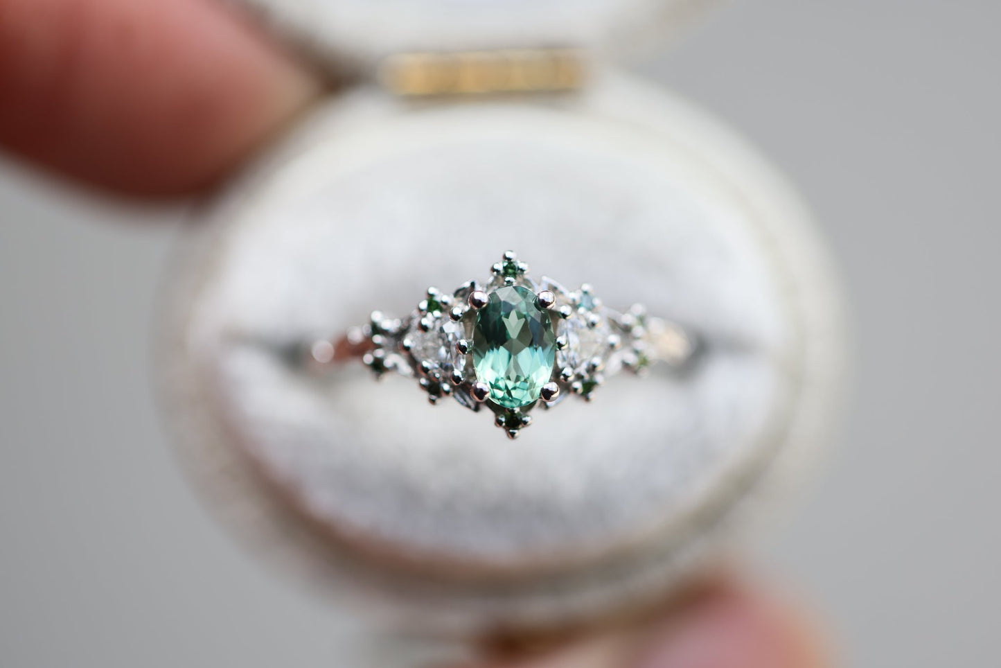 [Oramore Jewelry]Briar rose three stone with oval lab green sapphire and green diamond accents