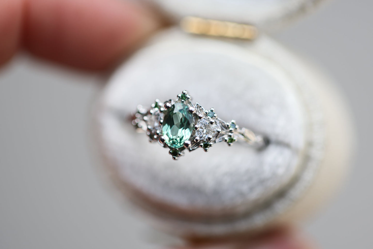 [Oramore Jewelry]Briar rose three stone with oval lab green sapphire and green diamond accents