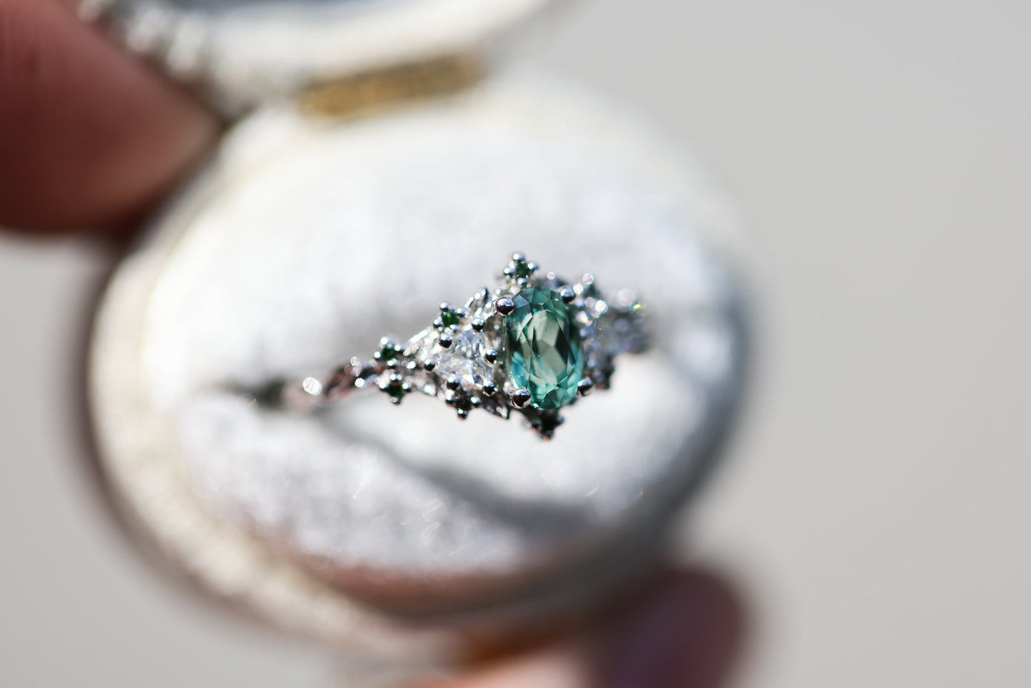 [Oramore Jewelry]Briar rose three stone with oval lab green sapphire and green diamond accents