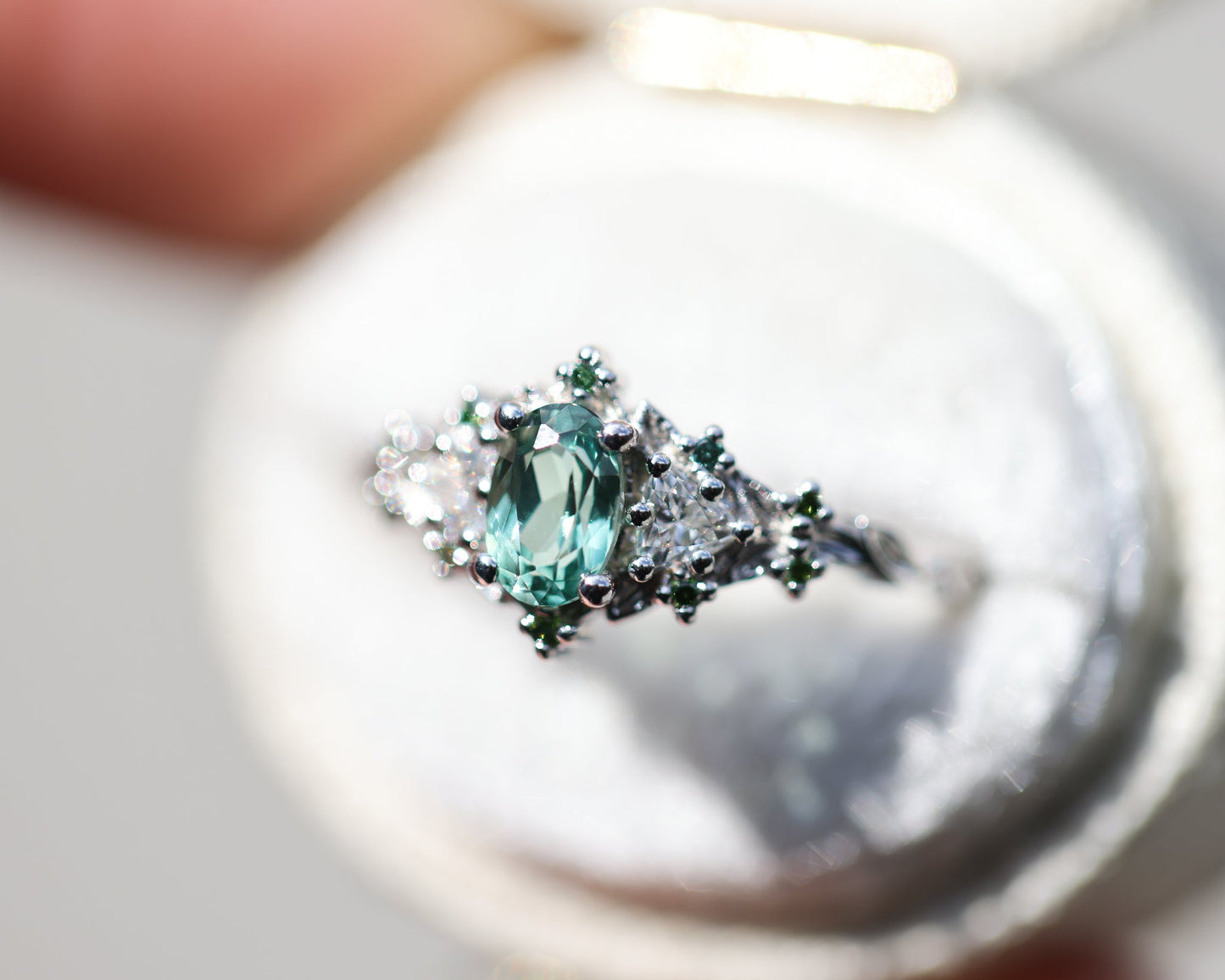 [Oramore Jewelry]Briar rose three stone with oval lab green sapphire and green diamond accents