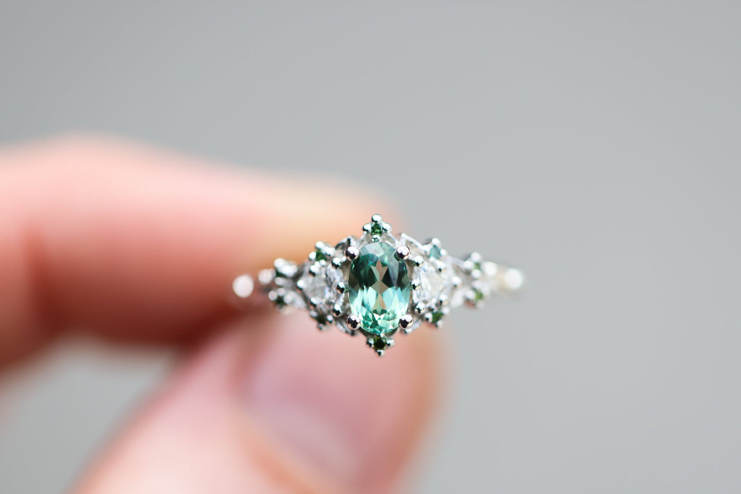 [Oramore Jewelry]Briar rose three stone with oval lab green sapphire and green diamond accents
