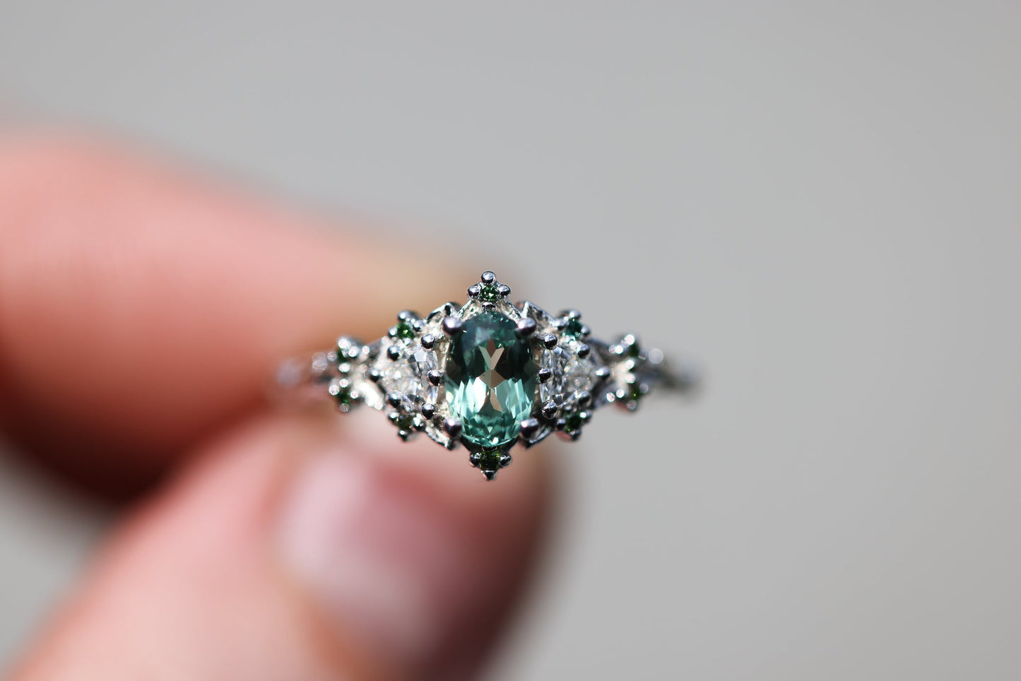 [Oramore Jewelry]Briar rose three stone with oval lab green sapphire and green diamond accents