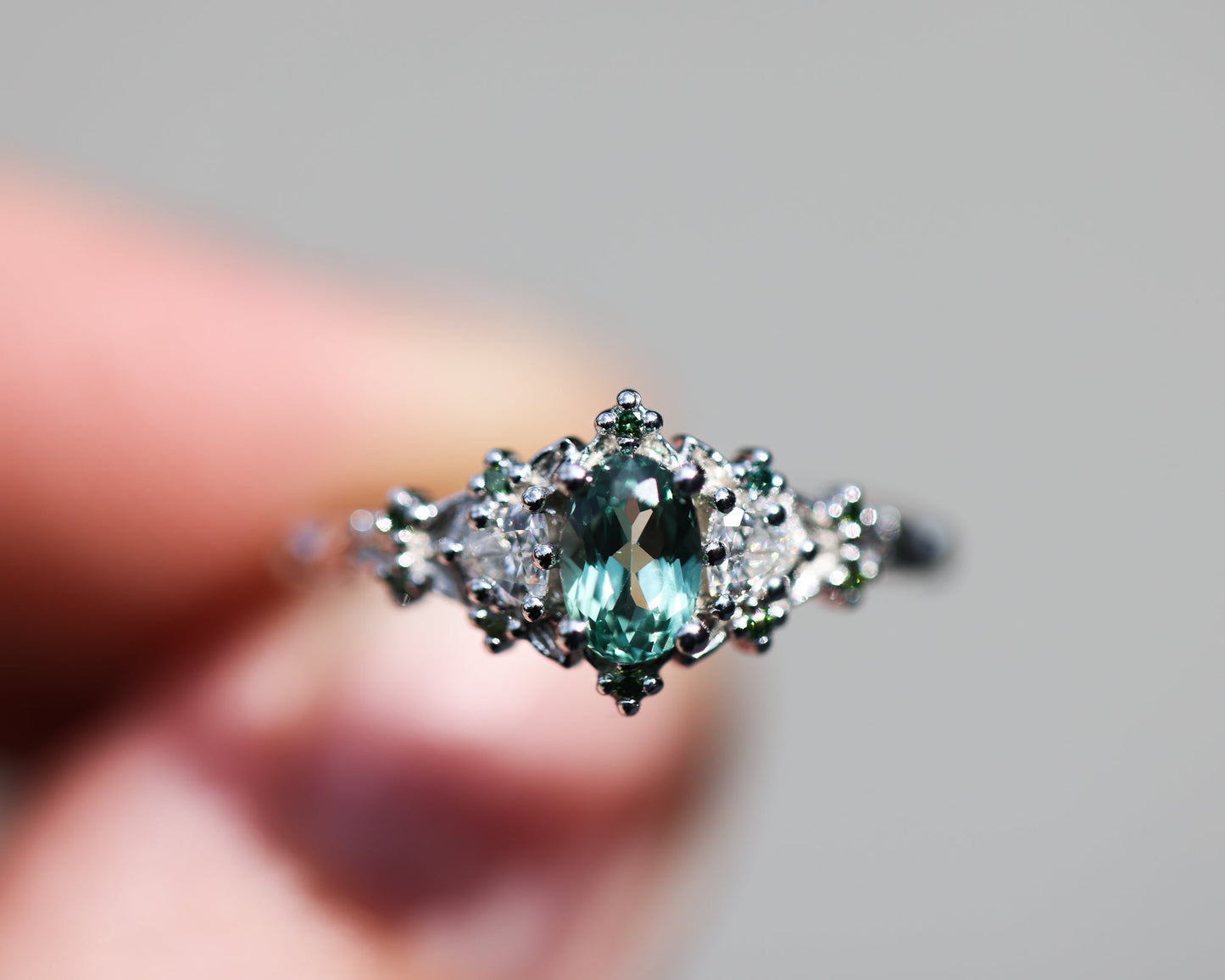 [Oramore Jewelry]Briar rose three stone with oval lab green sapphire and green diamond accents