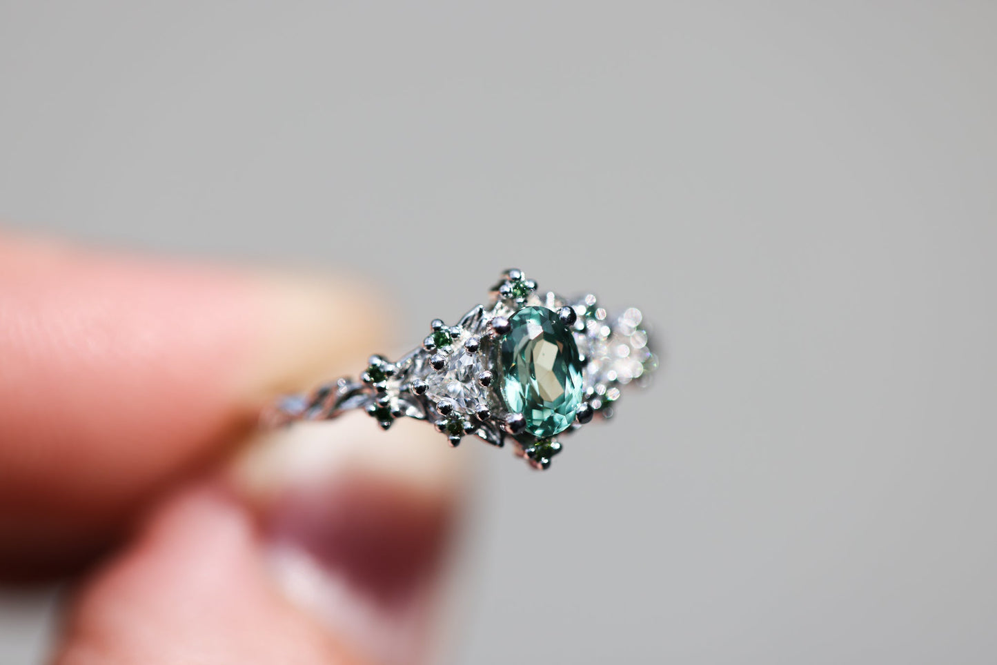 [Oramore Jewelry]Briar rose three stone with oval lab green sapphire and green diamond accents