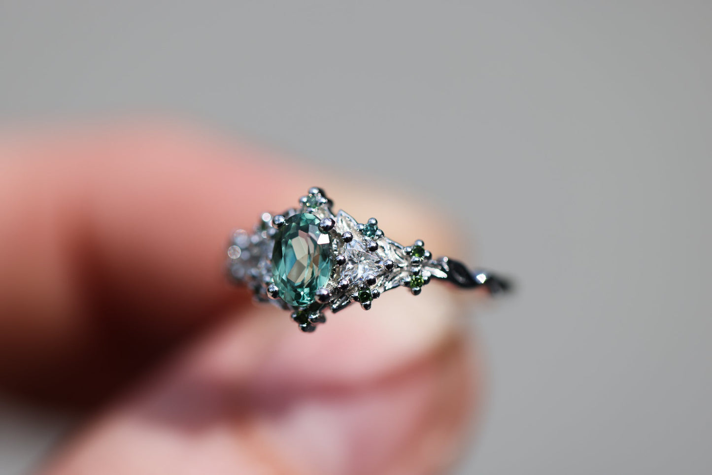 [Oramore Jewelry]Briar rose three stone with oval lab green sapphire and green diamond accents