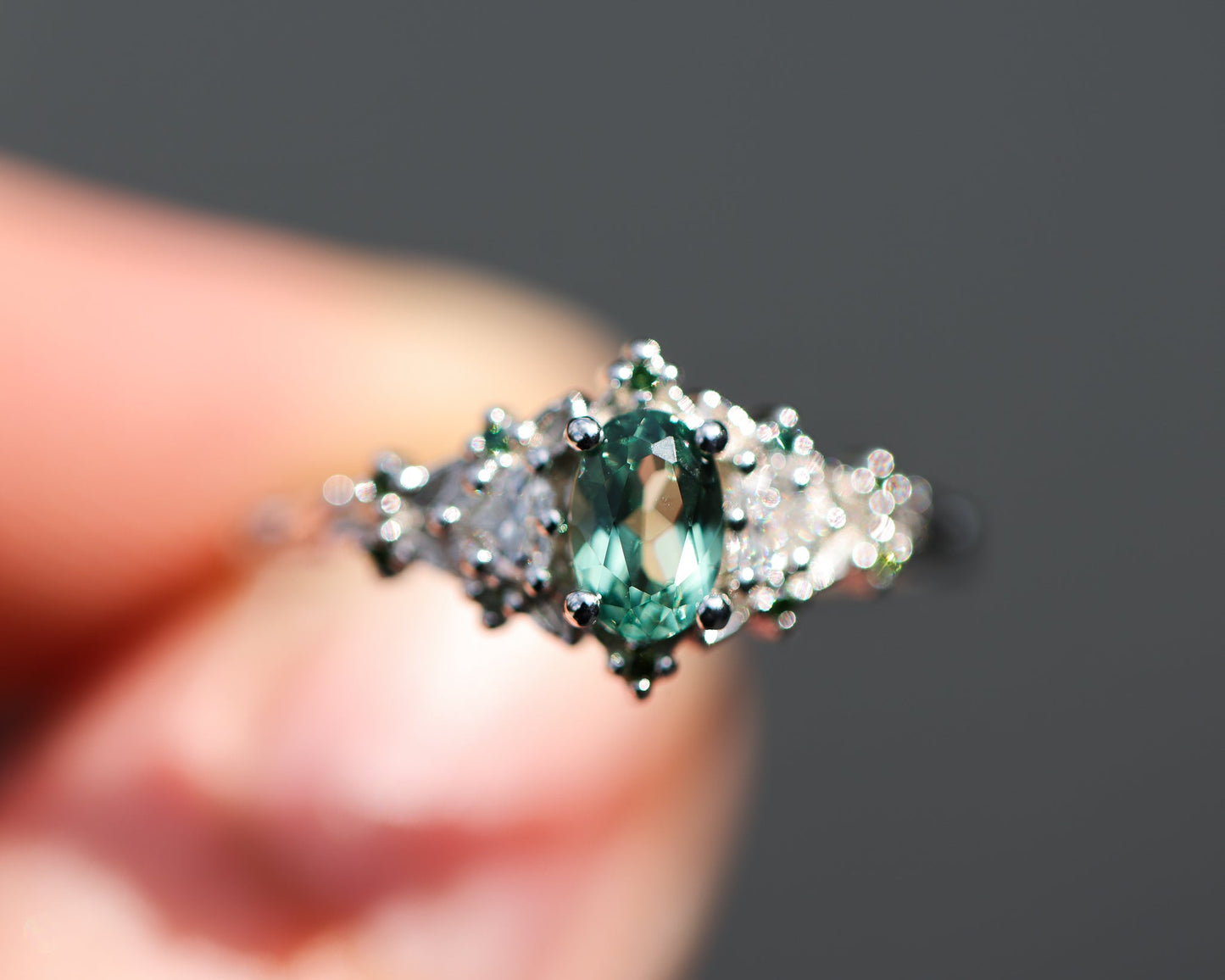 [Oramore Jewelry]Briar rose three stone with oval lab green sapphire and green diamond accents