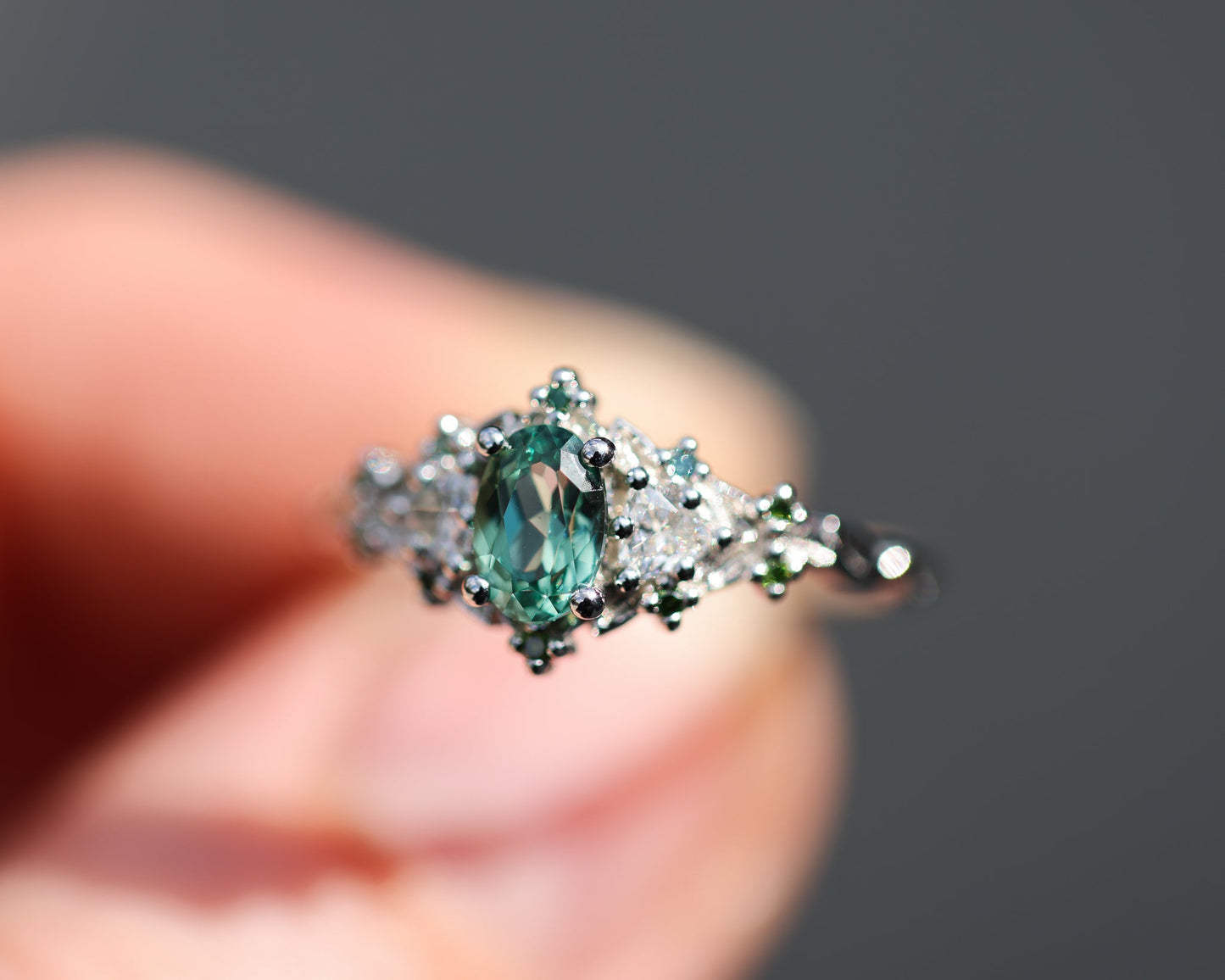 [Oramore Jewelry]Briar rose three stone with oval lab green sapphire and green diamond accents