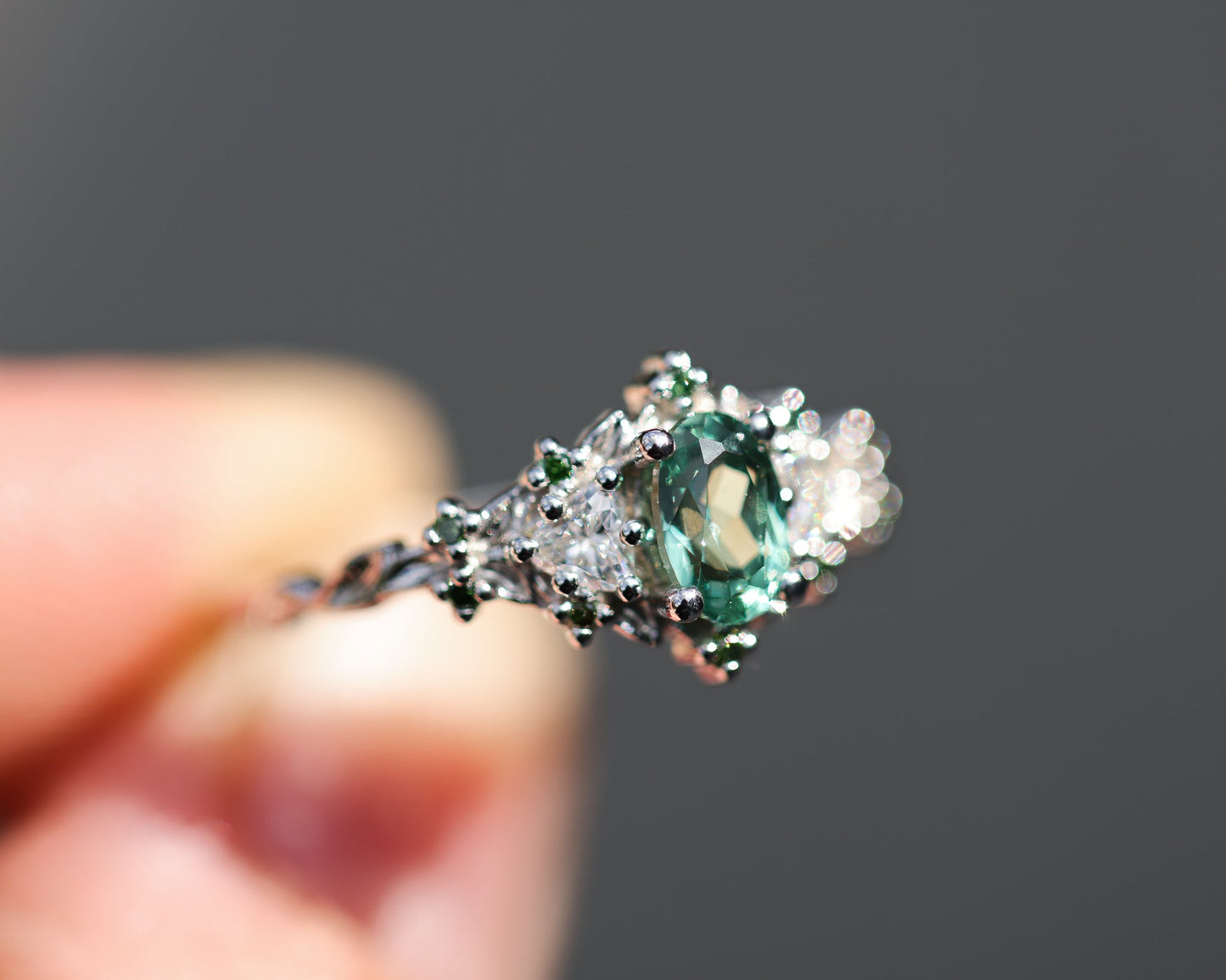 [Oramore Jewelry]Briar rose three stone with oval lab green sapphire and green diamond accents