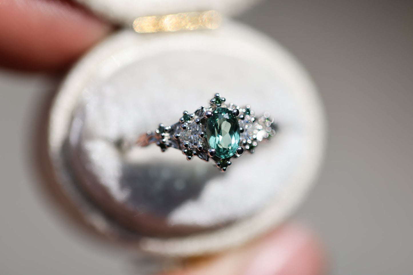[Oramore Jewelry]Briar rose three stone with oval lab green sapphire and green diamond accents