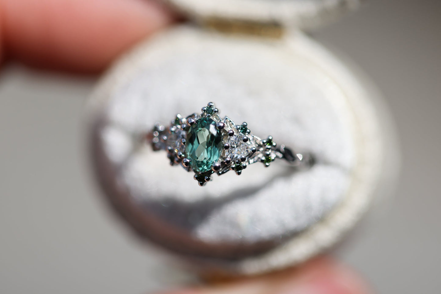 [Oramore Jewelry]Briar rose three stone with oval lab green sapphire and green diamond accents