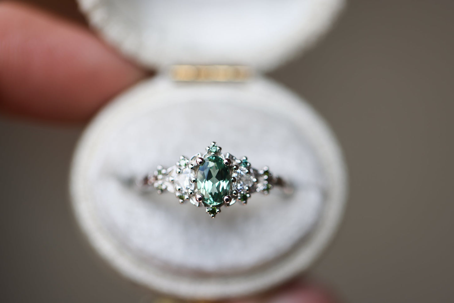 [Oramore Jewelry]Briar rose three stone with oval lab green sapphire and green diamond accents