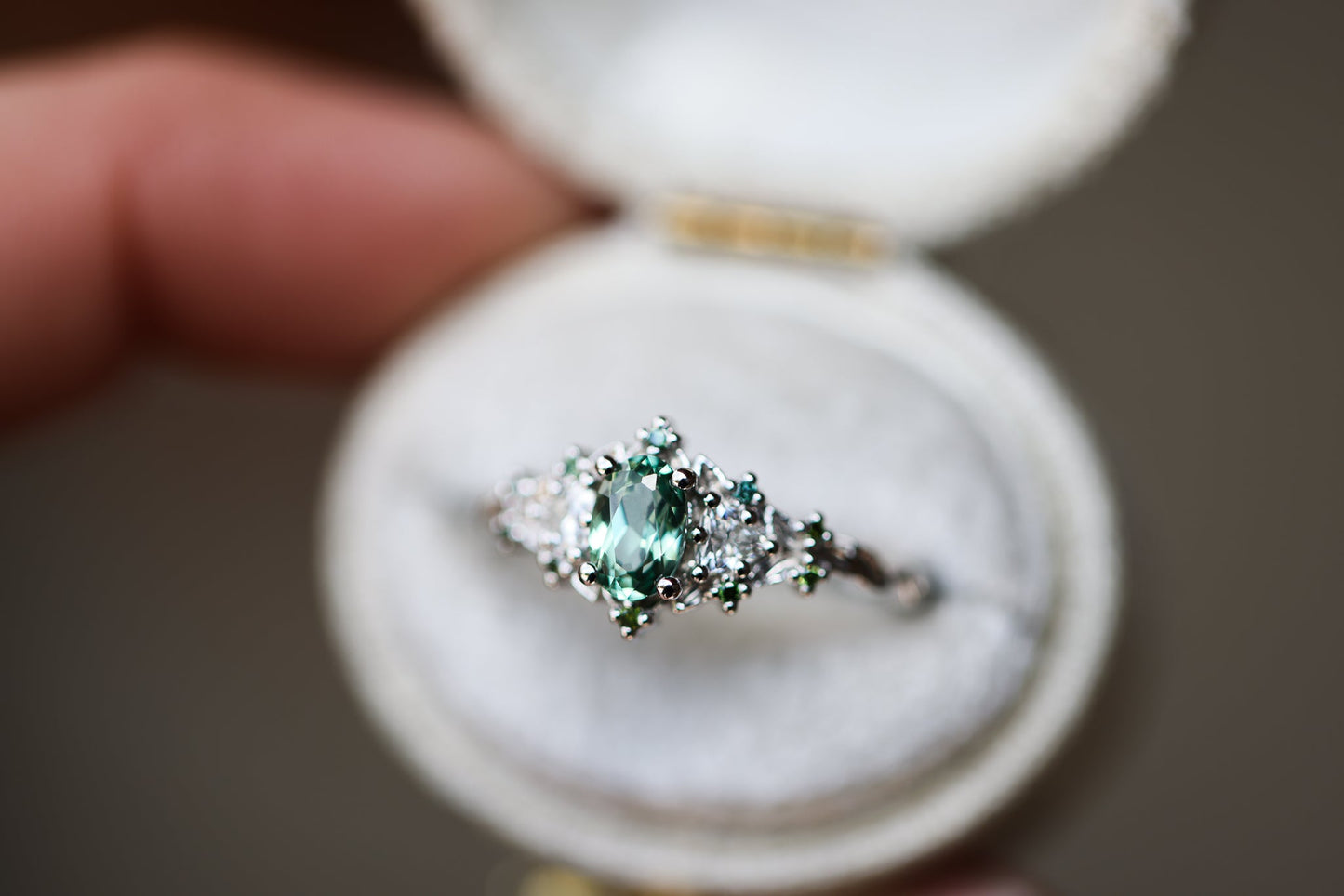 [Oramore Jewelry]Briar rose three stone with oval lab green sapphire and green diamond accents