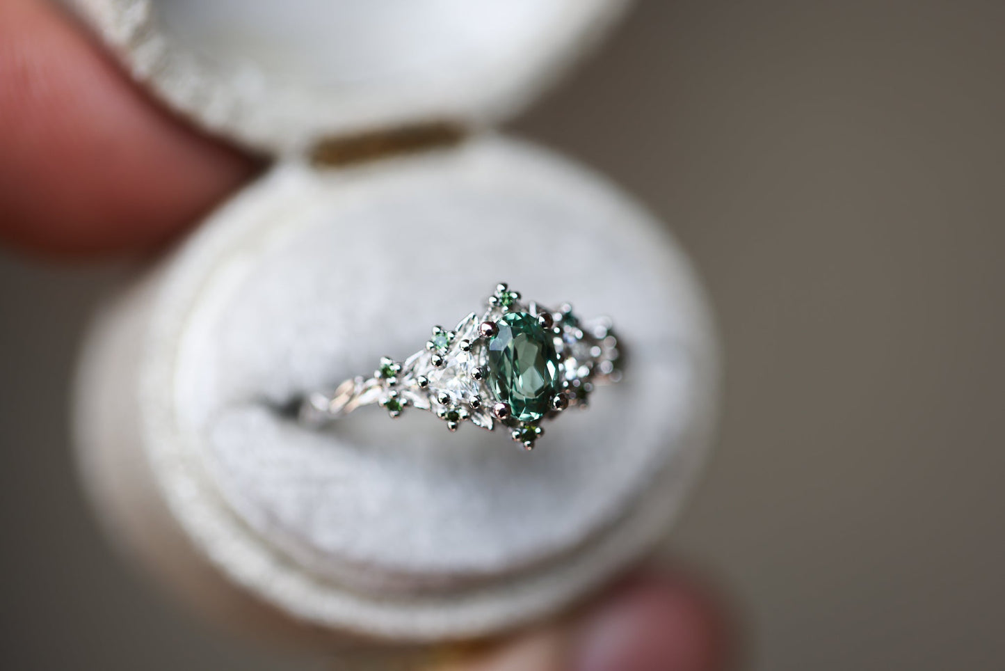 [Oramore Jewelry]Briar rose three stone with oval lab green sapphire and green diamond accents