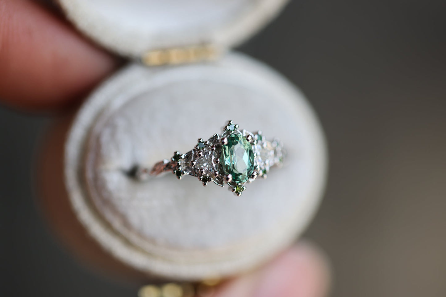 [Oramore Jewelry]Briar rose three stone with oval lab green sapphire and green diamond accents