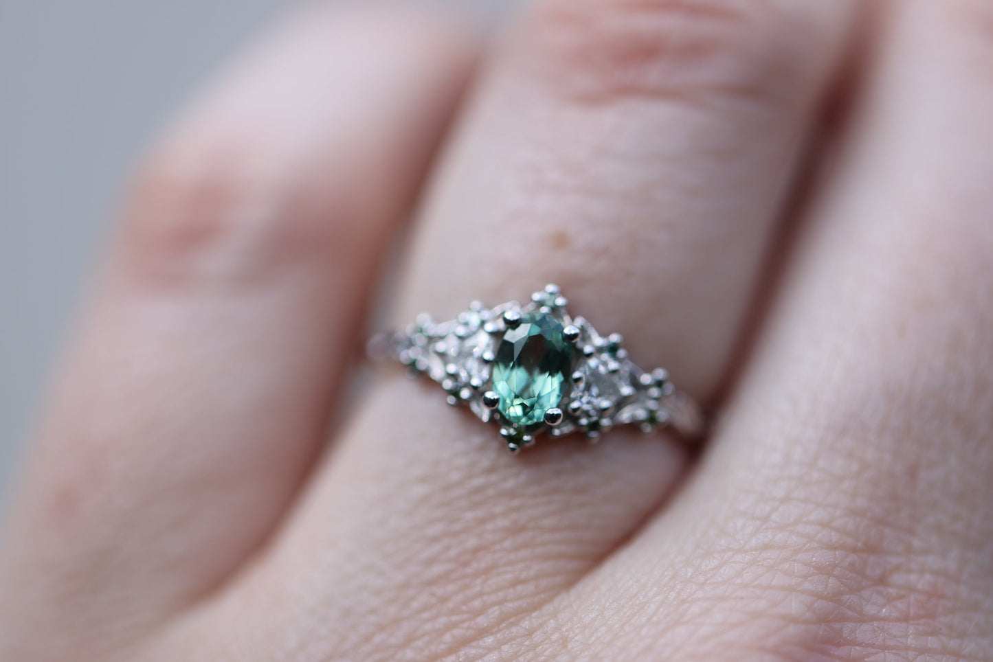 [Oramore Jewelry]Briar rose three stone with oval lab green sapphire and green diamond accents