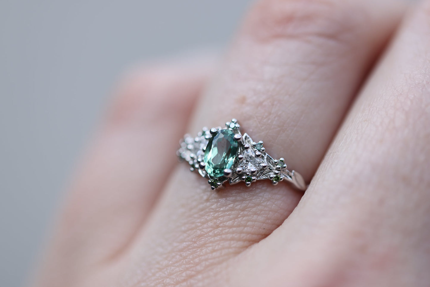 [Oramore Jewelry]Briar rose three stone with oval lab green sapphire and green diamond accents